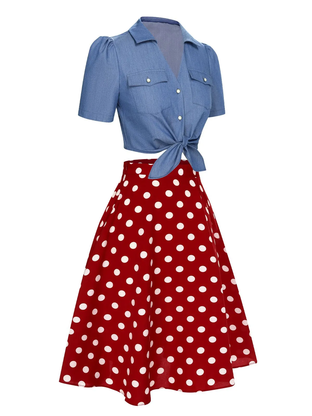 2PCS 1950s Solid Blouse & Polka Dot Skirt