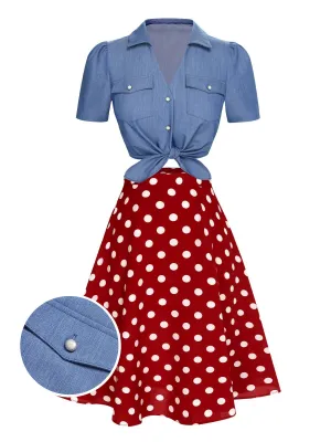 2PCS 1950s Solid Blouse & Polka Dot Skirt