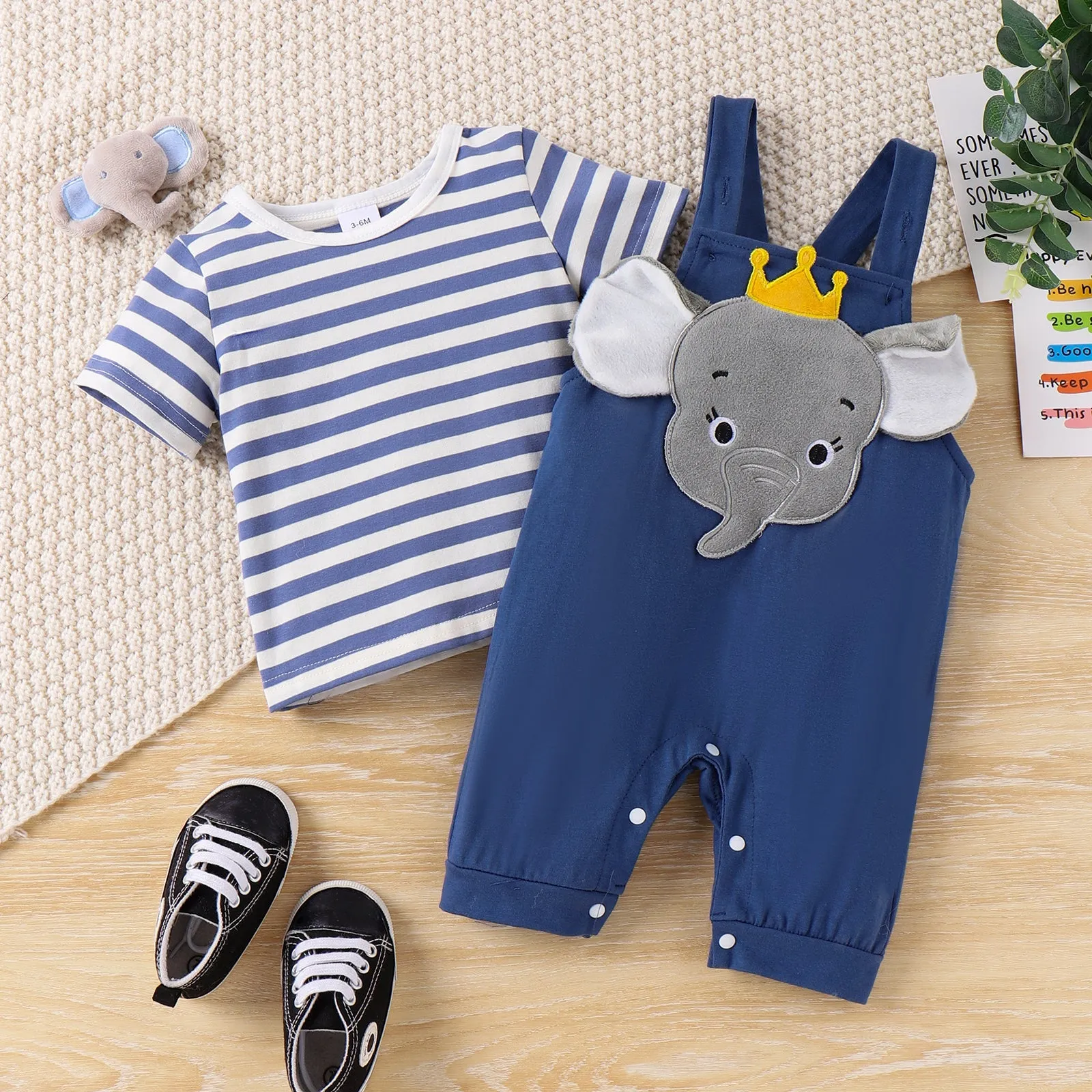 2pcs Baby Boy Childlike Striped Tee and Elephant 3D Overalls Set