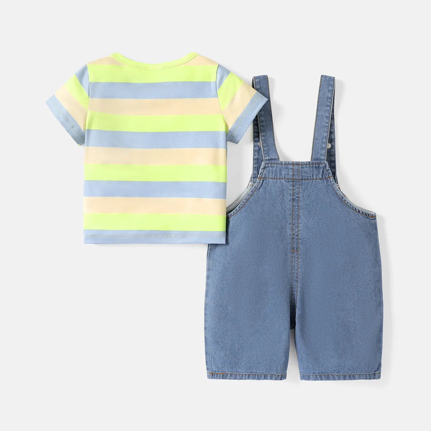 2pcs Baby Boy/Girl 95% Cotton Giraffe Graphic Denim Overalls Shorts and Short-sleeve Striped Naia™ Tee Set