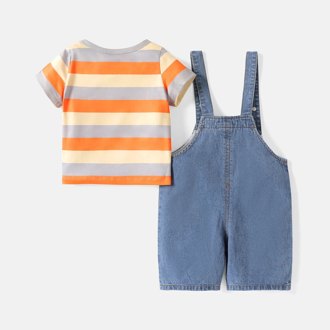 2pcs Baby Boy/Girl 95% Cotton Giraffe Graphic Denim Overalls Shorts and Short-sleeve Striped Naia™ Tee Set