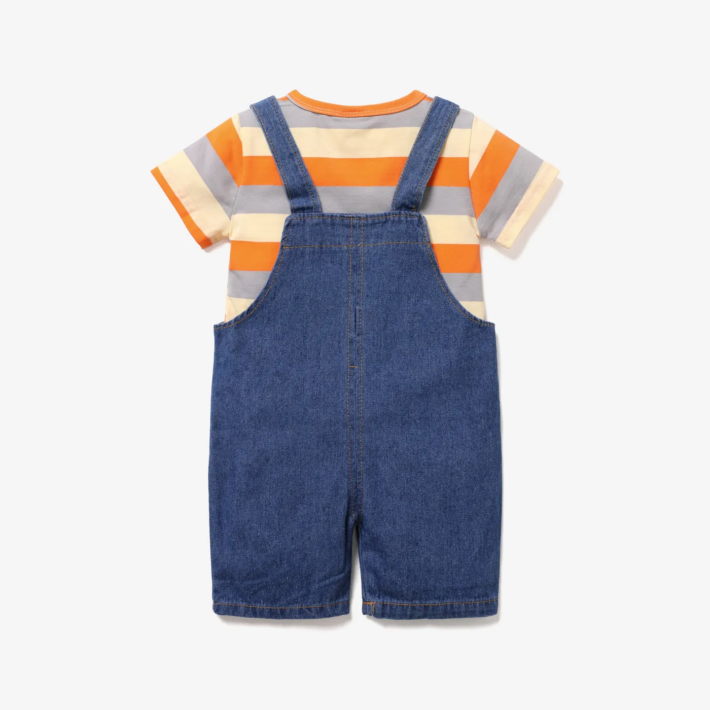 2pcs Baby Boy/Girl 95% Cotton Short-sleeve Striped Tee and Cartoon Giraffe Print Denim Overalls Shorts Set