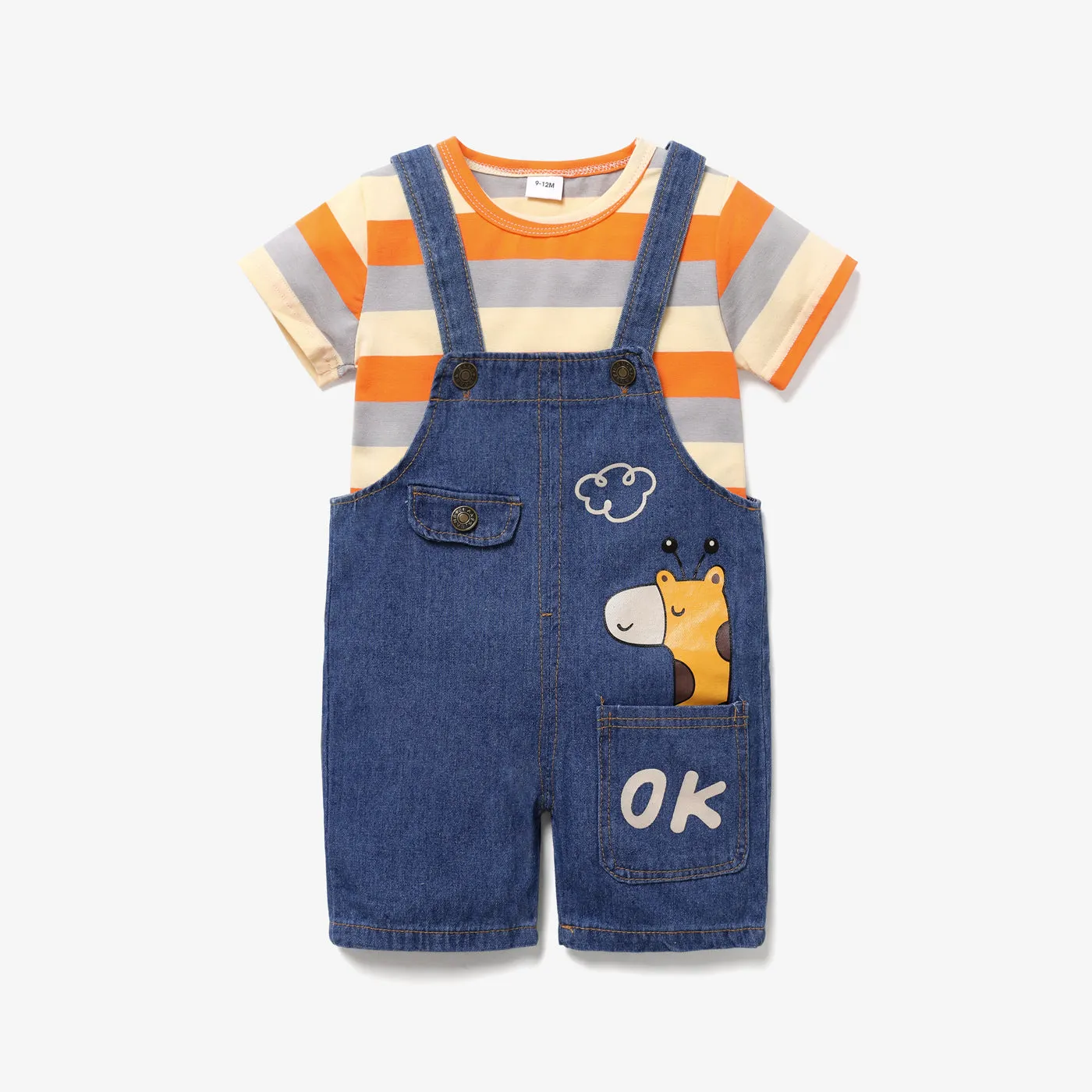 2pcs Baby Boy/Girl 95% Cotton Short-sleeve Striped Tee and Cartoon Giraffe Print Denim Overalls Shorts Set