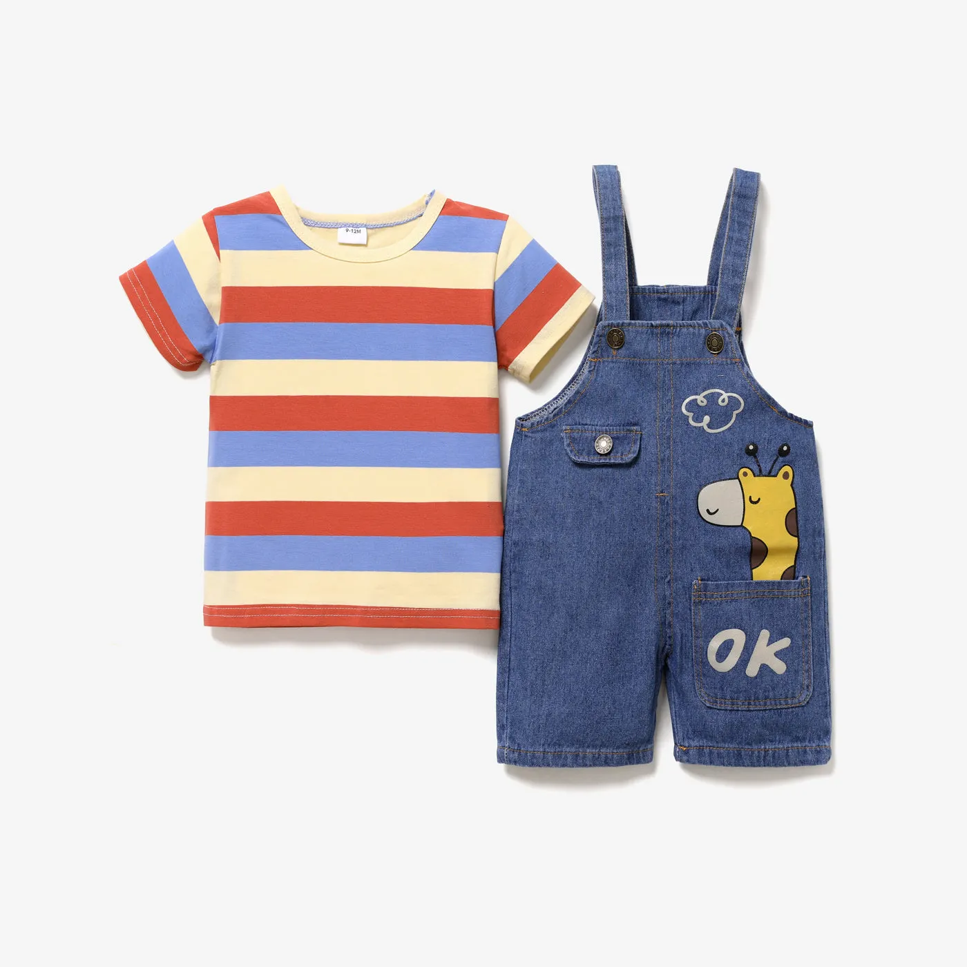 2pcs Baby Boy/Girl 95% Cotton Short-sleeve Striped Tee and Cartoon Giraffe Print Denim Overalls Shorts Set