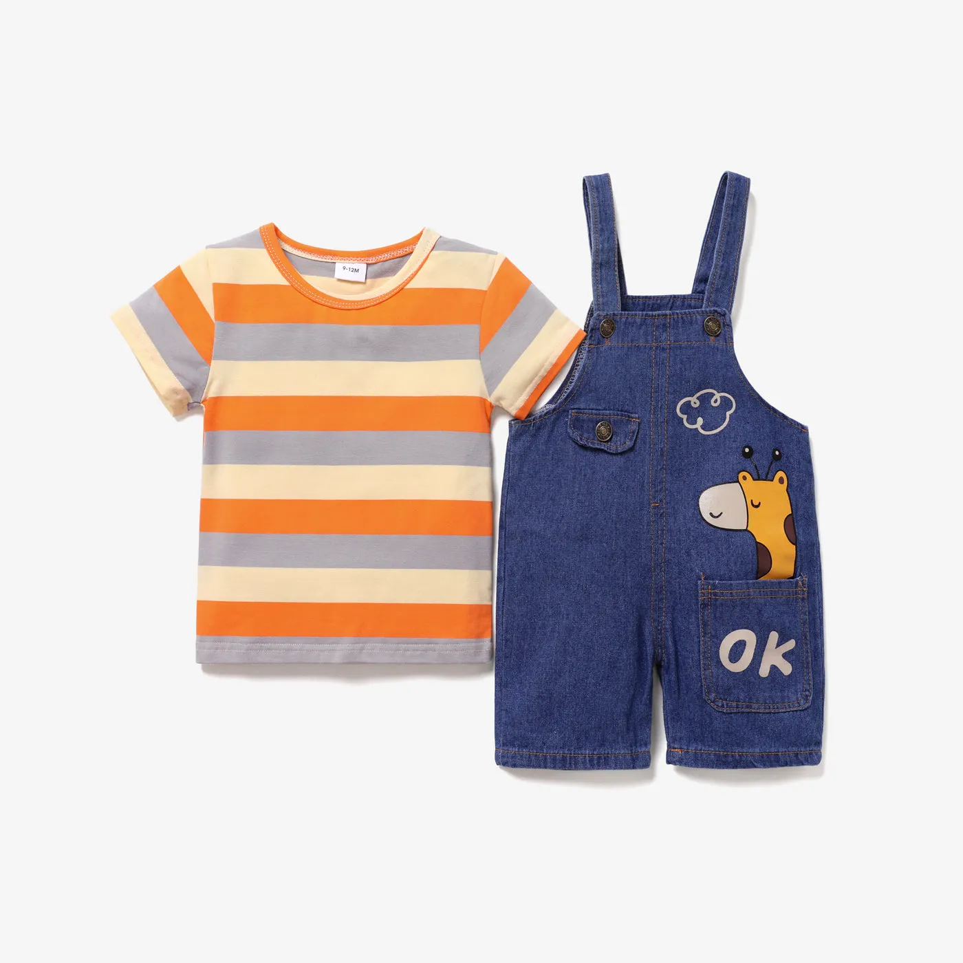 2pcs Baby Boy/Girl 95% Cotton Short-sleeve Striped Tee and Cartoon Giraffe Print Denim Overalls Shorts Set