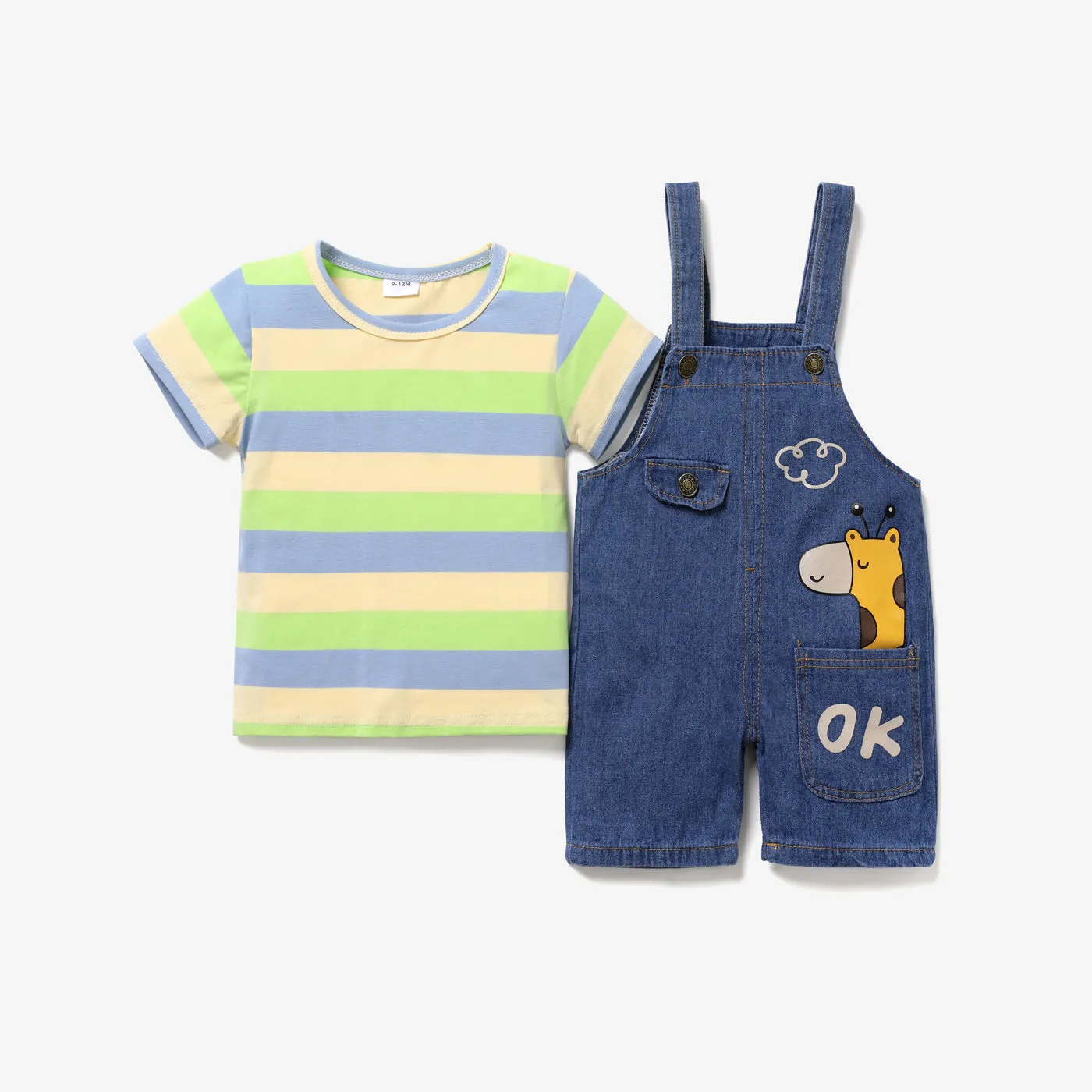 2pcs Baby Boy/Girl 95% Cotton Short-sleeve Striped Tee and Cartoon Giraffe Print Denim Overalls Shorts Set