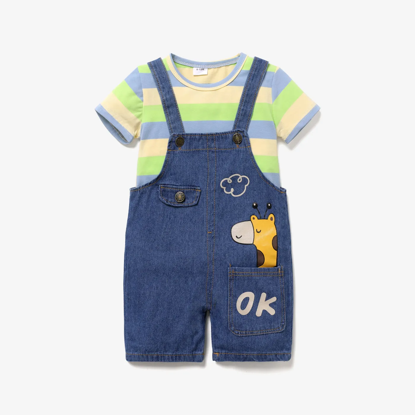 2pcs Baby Boy/Girl 95% Cotton Short-sleeve Striped Tee and Cartoon Giraffe Print Denim Overalls Shorts Set