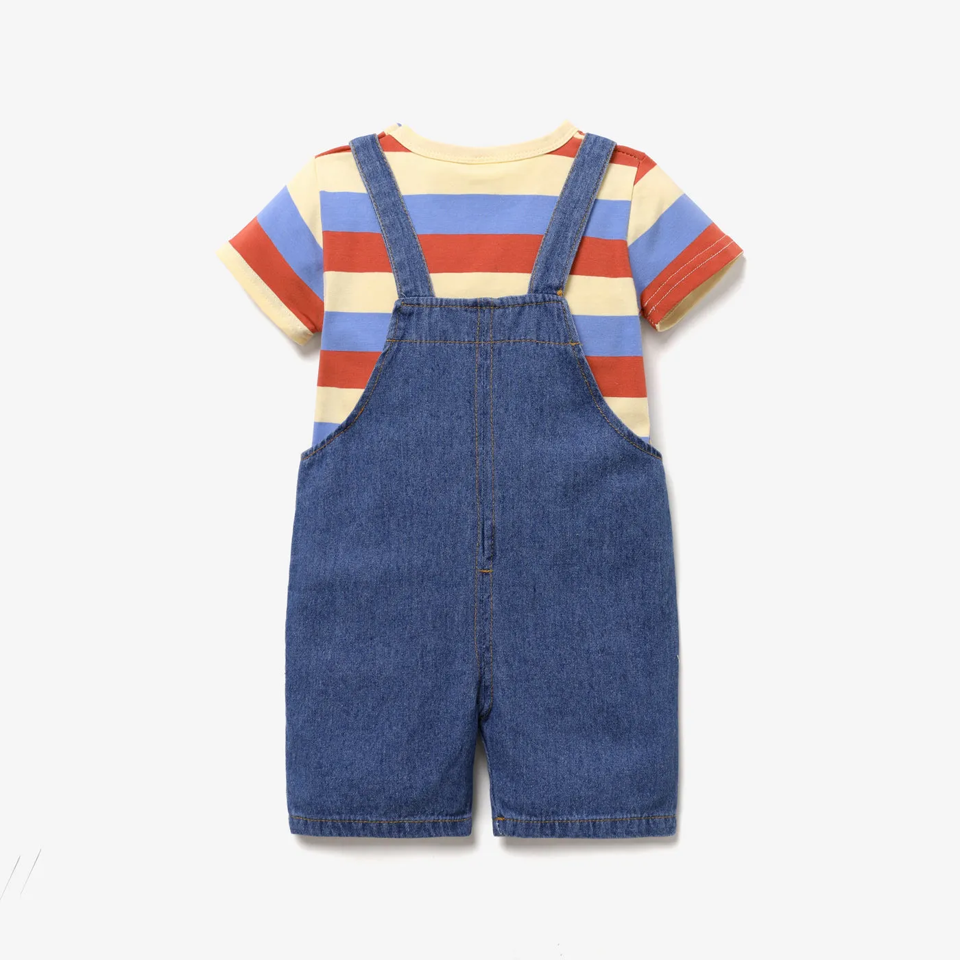 2pcs Baby Boy/Girl 95% Cotton Short-sleeve Striped Tee and Cartoon Giraffe Print Denim Overalls Shorts Set