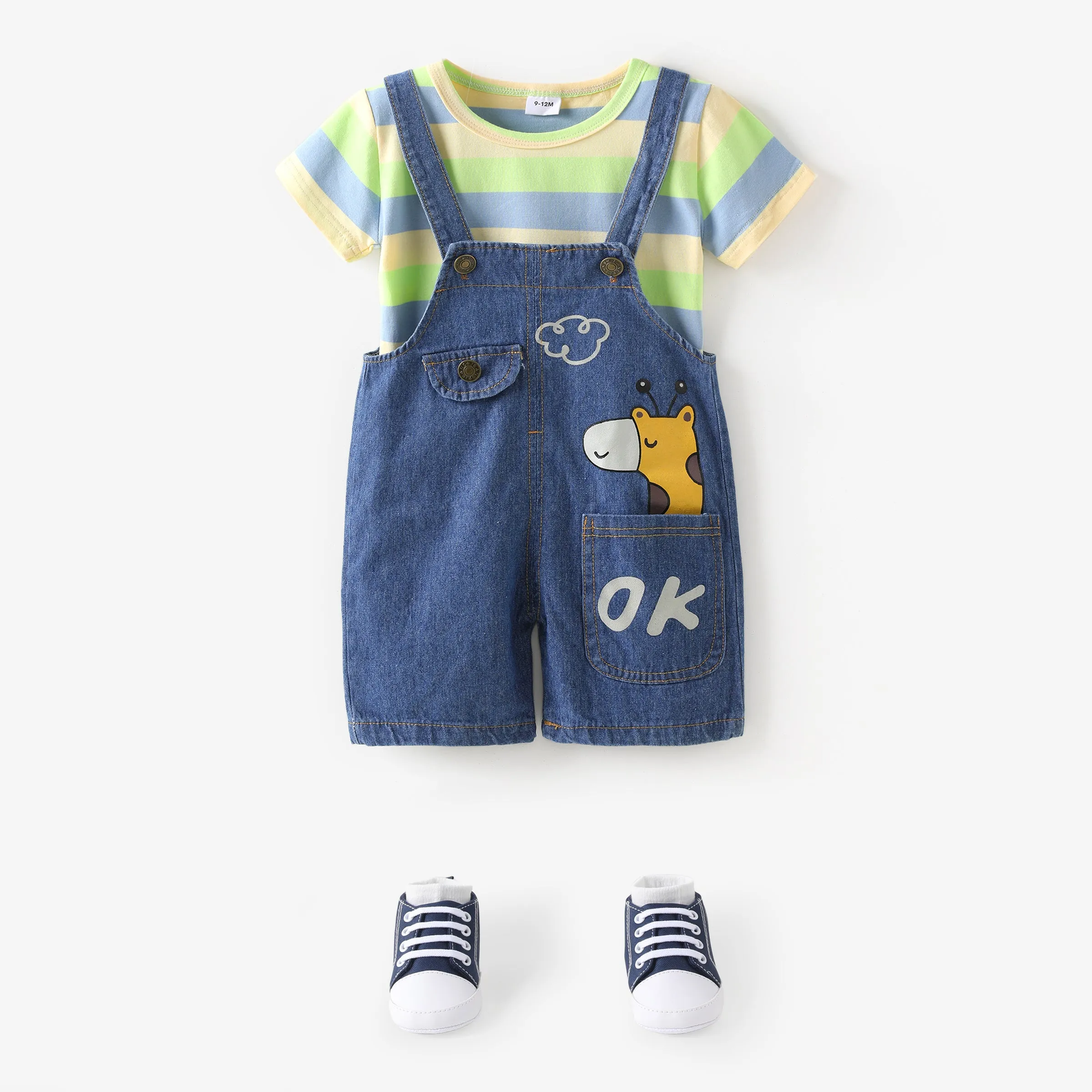 2pcs Baby Boy/Girl 95% Cotton Short-sleeve Striped Tee and Cartoon Giraffe Print Denim Overalls Shorts Set