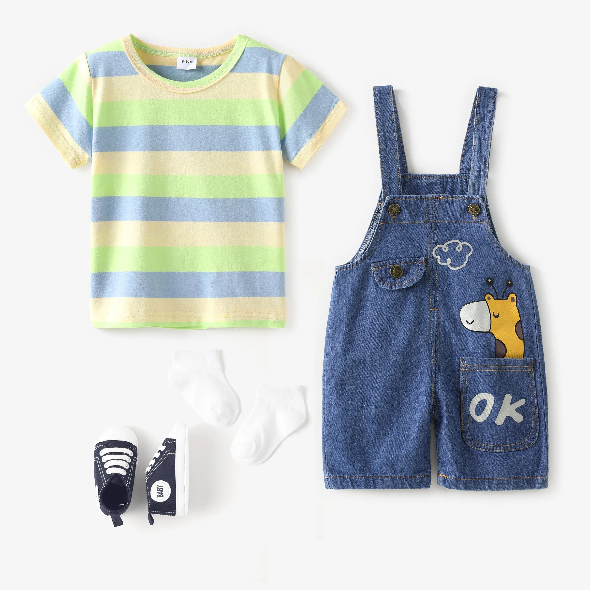 2pcs Baby Boy/Girl 95% Cotton Short-sleeve Striped Tee and Cartoon Giraffe Print Denim Overalls Shorts Set