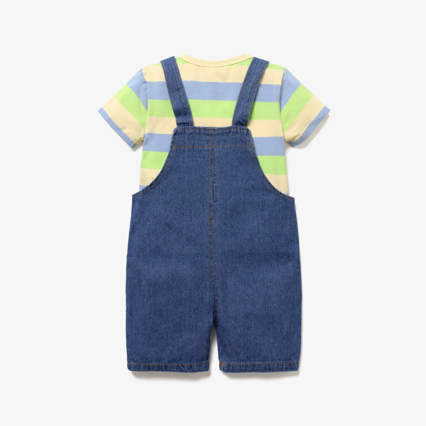 2pcs Baby Boy/Girl 95% Cotton Short-sleeve Striped Tee and Cartoon Giraffe Print Denim Overalls Shorts Set