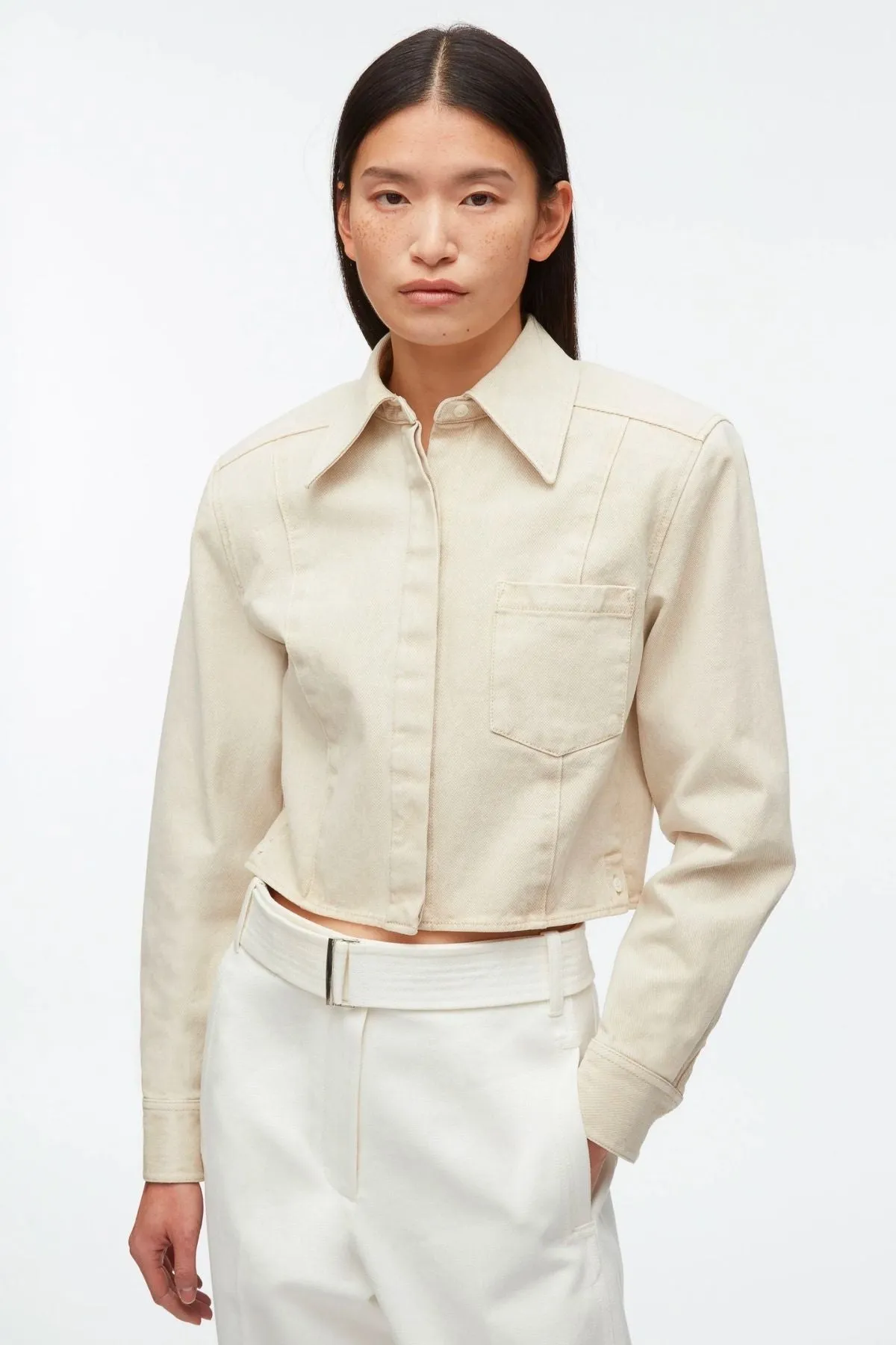 3.1 Phillip Lim Denim Cropped Shirt with Shoulder Pads - Ecru