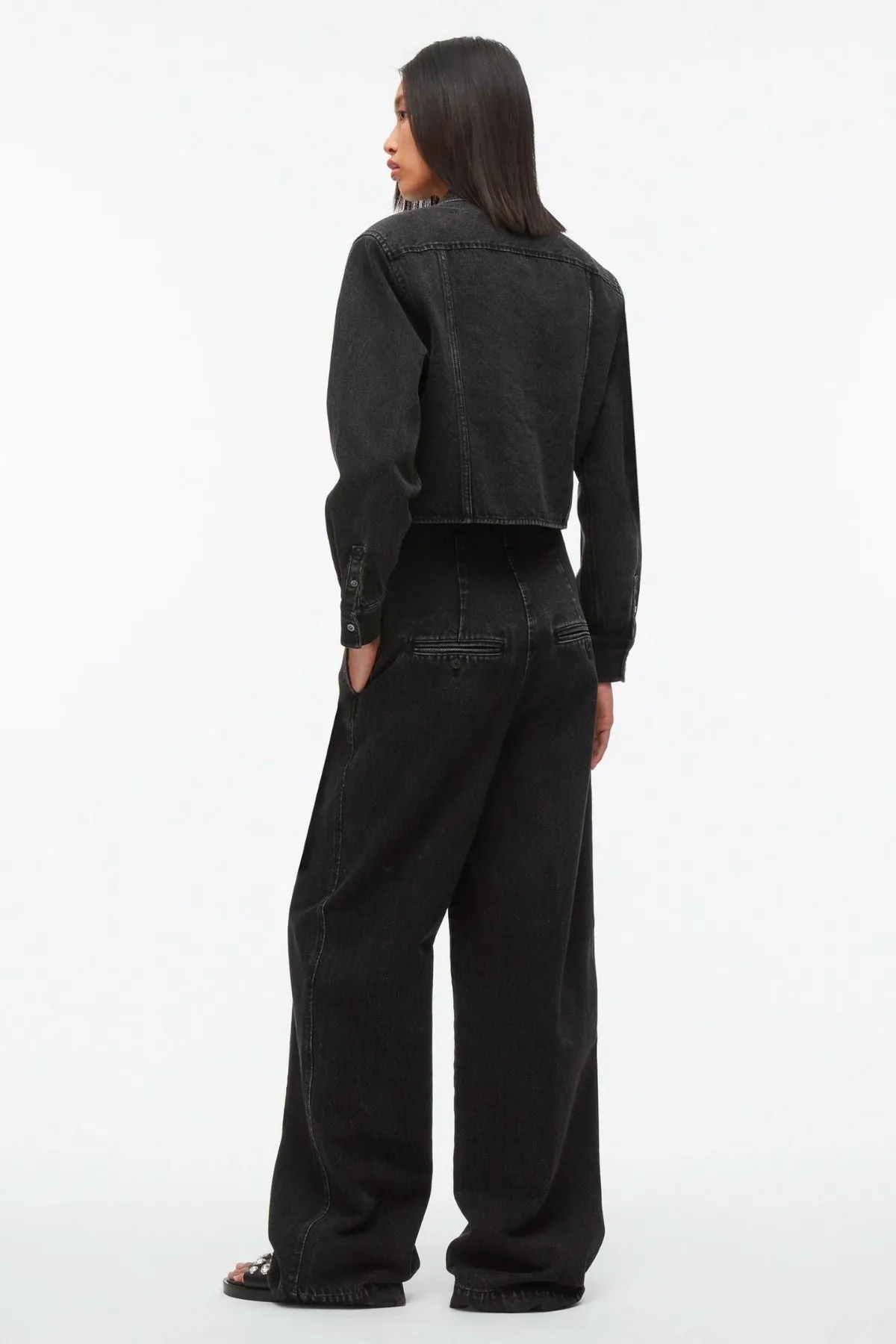 3.1 Phillip Lim Denim Cropped Shirt with Shoulder Pads - Washed Black