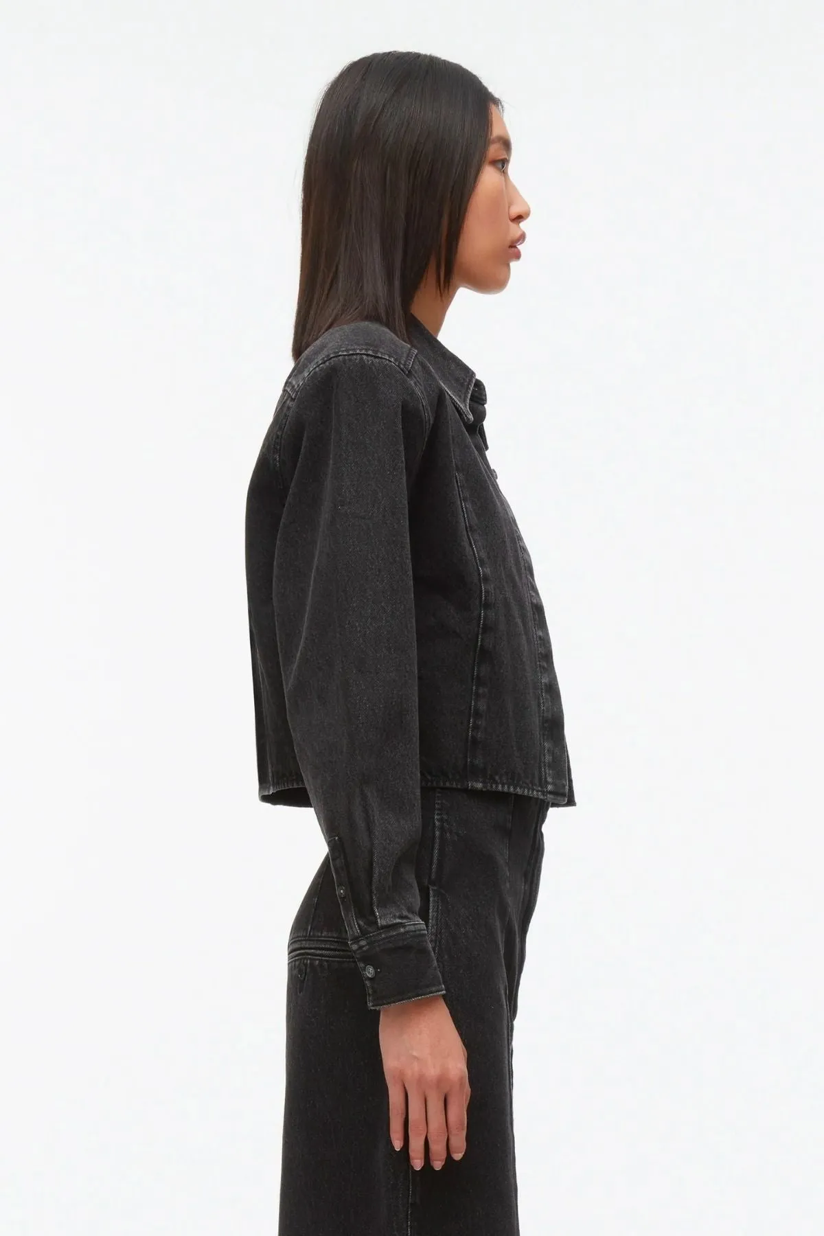 3.1 Phillip Lim Denim Cropped Shirt with Shoulder Pads - Washed Black