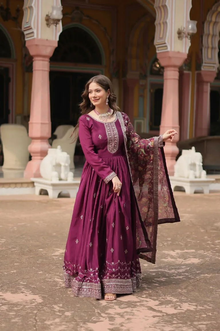 Aastha Fashion Wine Chinon Sequins Embroidered Work Gown