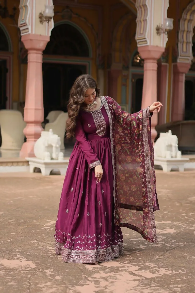 Aastha Fashion Wine Chinon Sequins Embroidered Work Gown