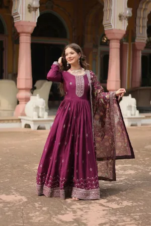 Aastha Fashion Wine Chinon Sequins Embroidered Work Gown