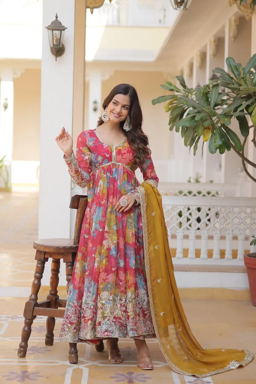 Alia Cut Russian Silk Floral Printed Embroidered Designer Gown