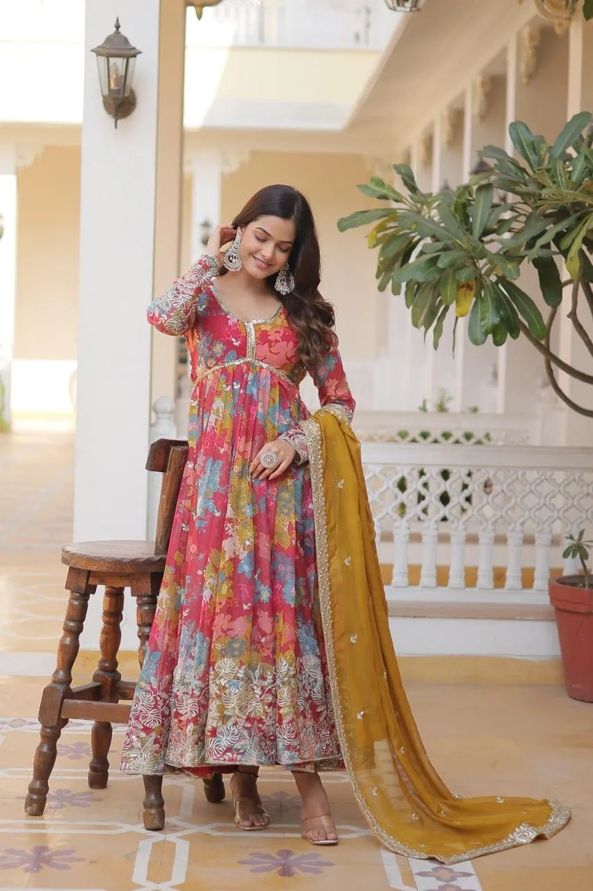 Alia Cut Russian Silk Floral Printed Embroidered Designer Gown