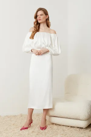 ALYA off shoulder pleated midi wedding dress