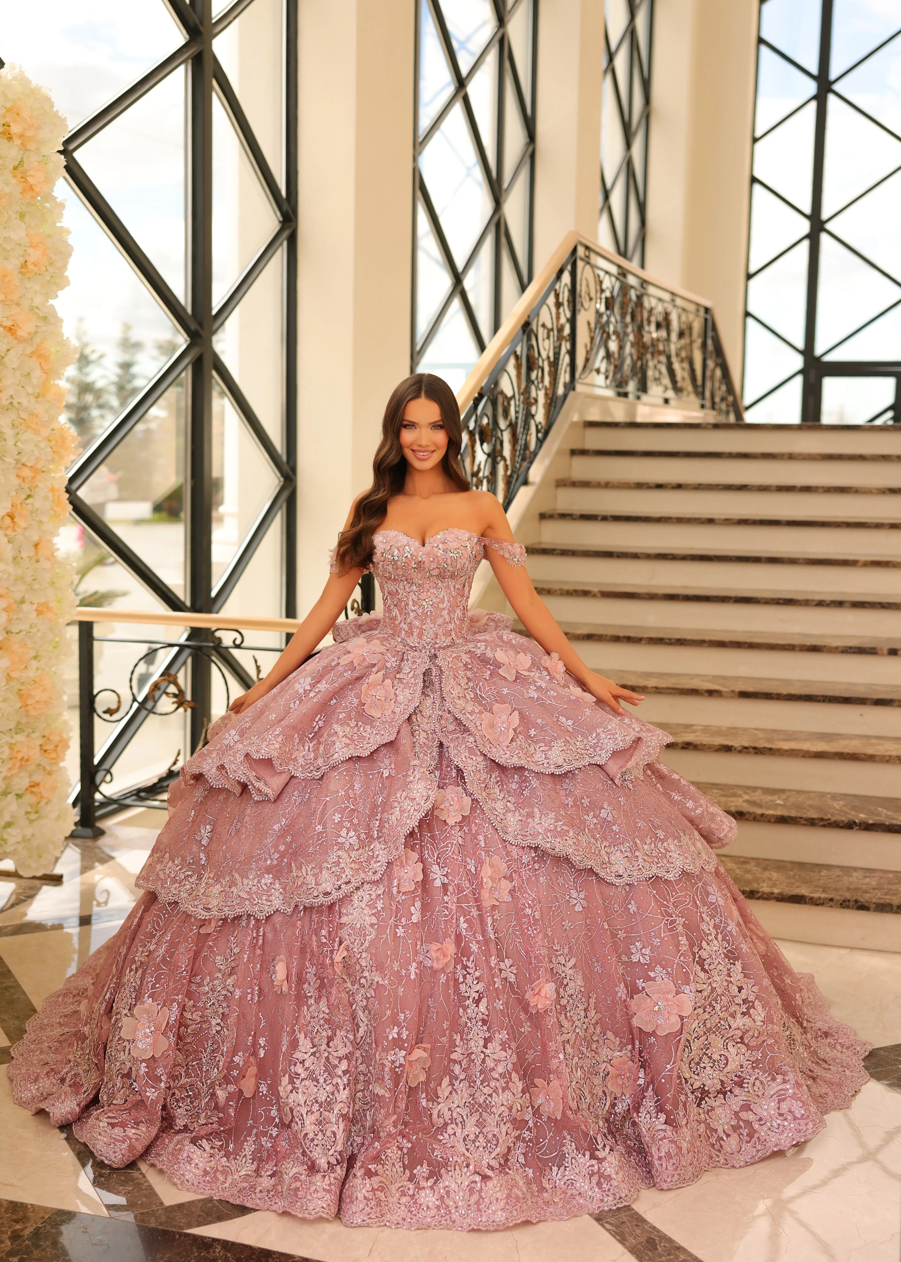 Amarra 54202 Quinceanera Ballgown Sequin Floral Lace Bow Party Dress Ruffle Layered Skirt