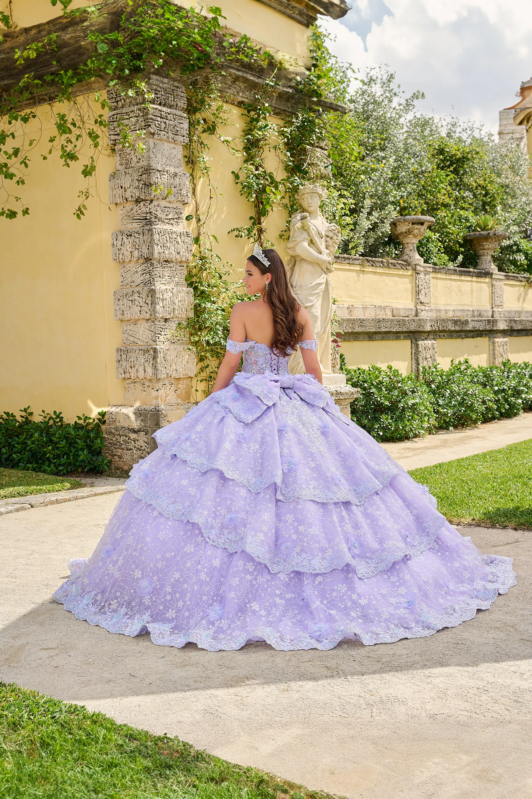 Amarra 54202 Quinceanera Ballgown Sequin Floral Lace Bow Party Dress Ruffle Layered Skirt