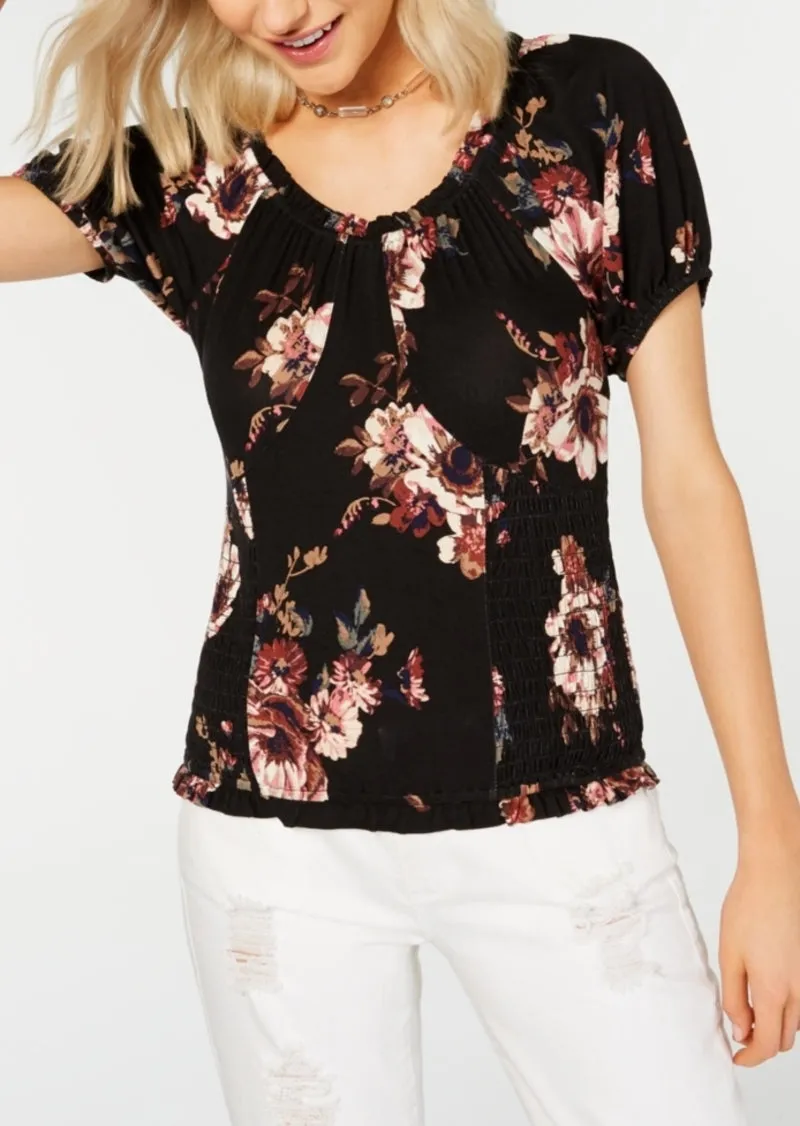 AMERICAN RAG Womens Black Floral Pouf Jewel Neck Evening Blouse