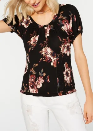 AMERICAN RAG Womens Black Floral Pouf Jewel Neck Evening Blouse