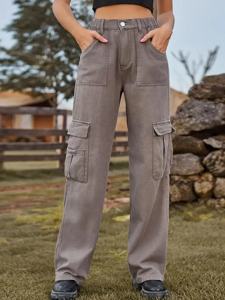 American Style Elastic-Waist Denim Cargo Pants