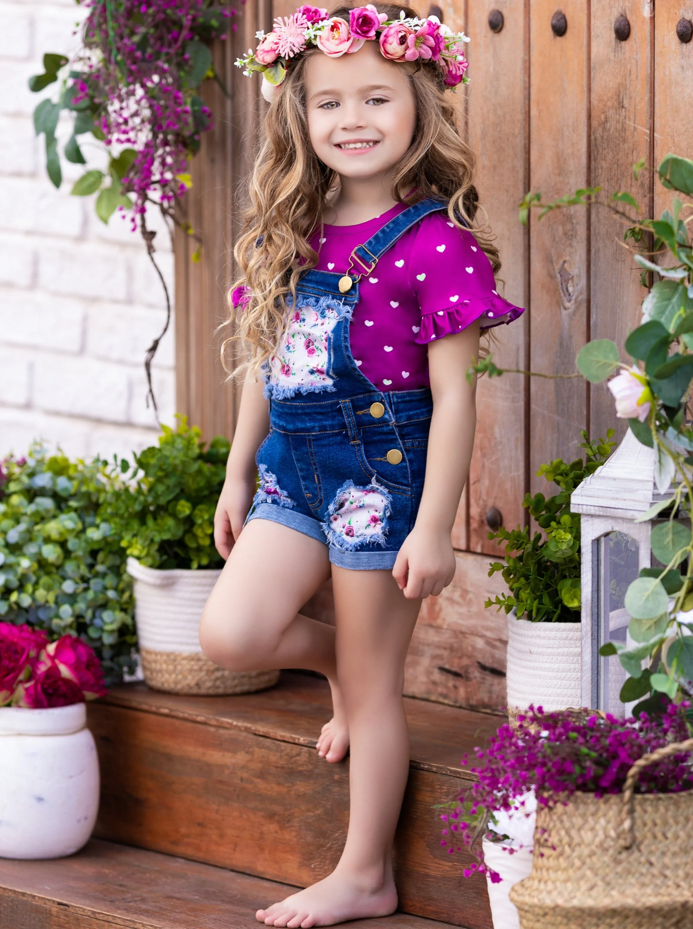 Awesome Blossom Patched Overalls Shorts Set