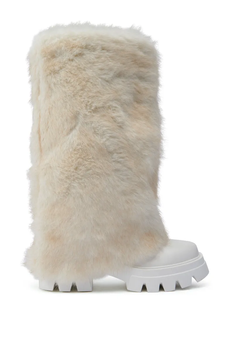 AZALEA WANG ASHOKA WHITE FUZZY FLATFORM MID CALF BOOT