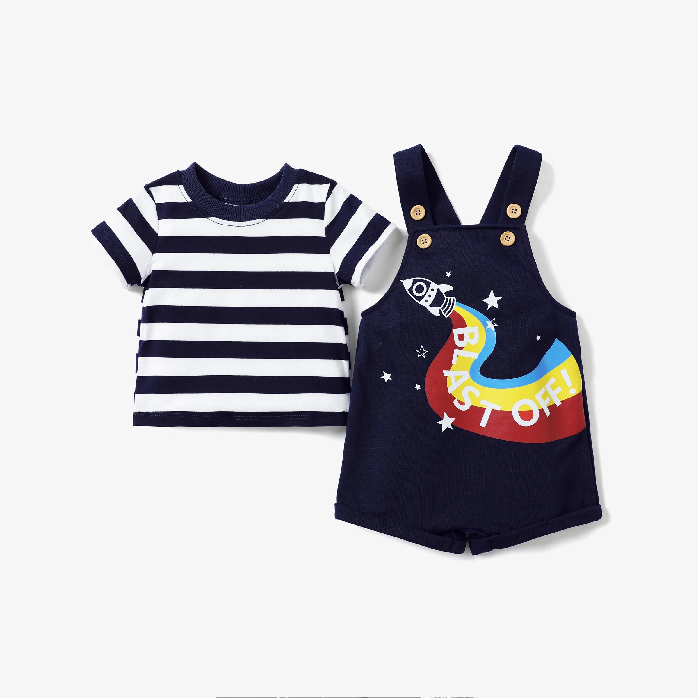 Baby Boy 2pcs Striped Tee and Rocket Print Overalls Set