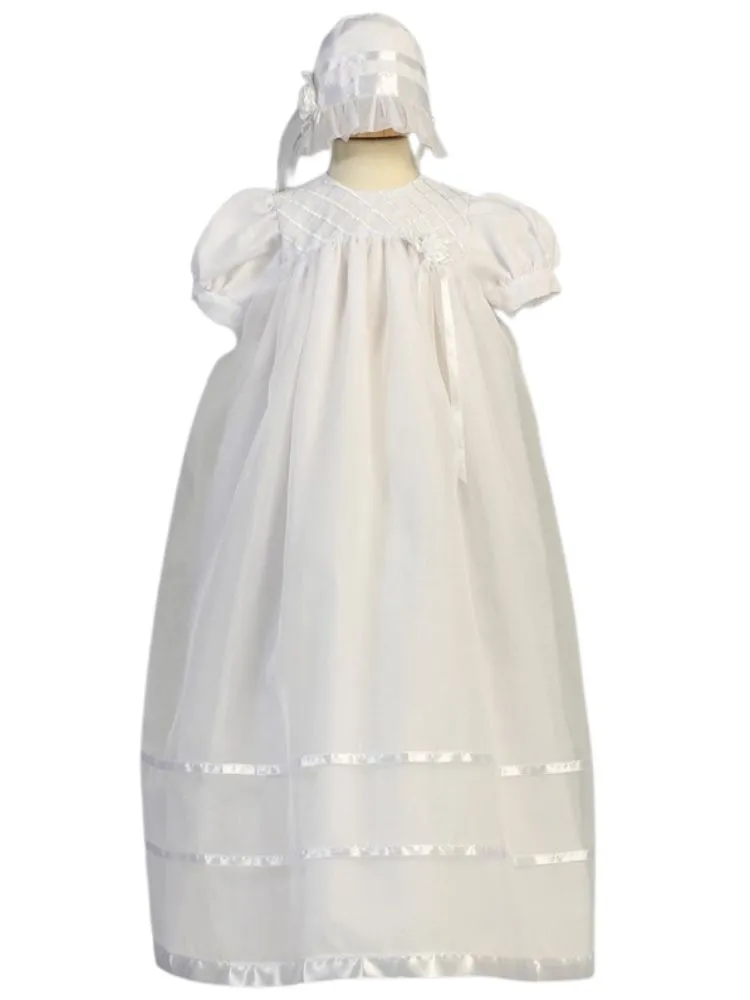 Baby Girls White Embroidered Organza Bonnet Christening Long Gown 12-18M