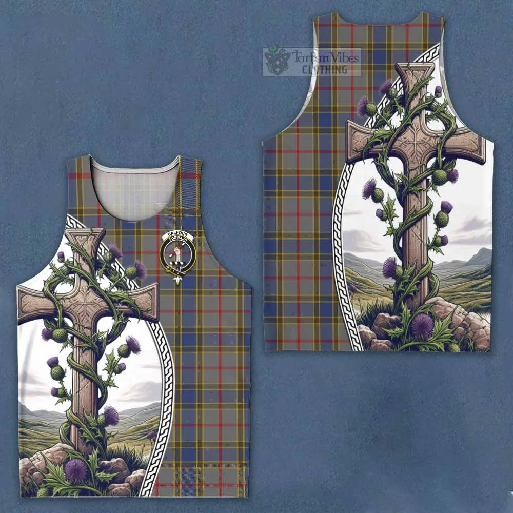 Balfour Tartan Men's Tank Top with Family Crest and St. Andrew's Cross Accented by Thistle Vines