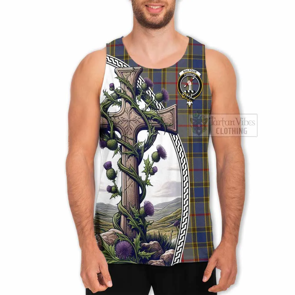 Balfour Tartan Men's Tank Top with Family Crest and St. Andrew's Cross Accented by Thistle Vines