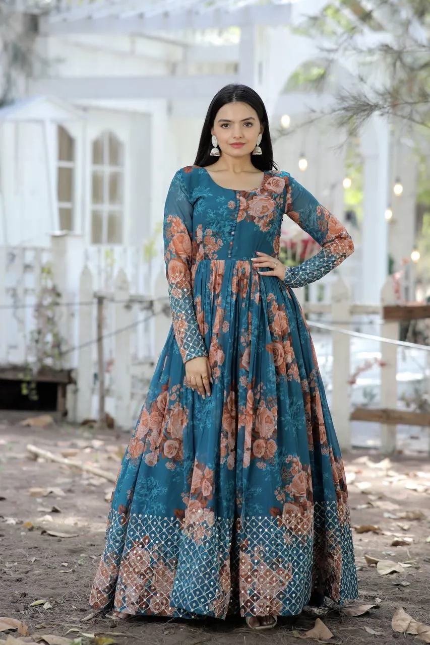 Beautiful Floral Zari Sequins Worked Gown With Dupatta