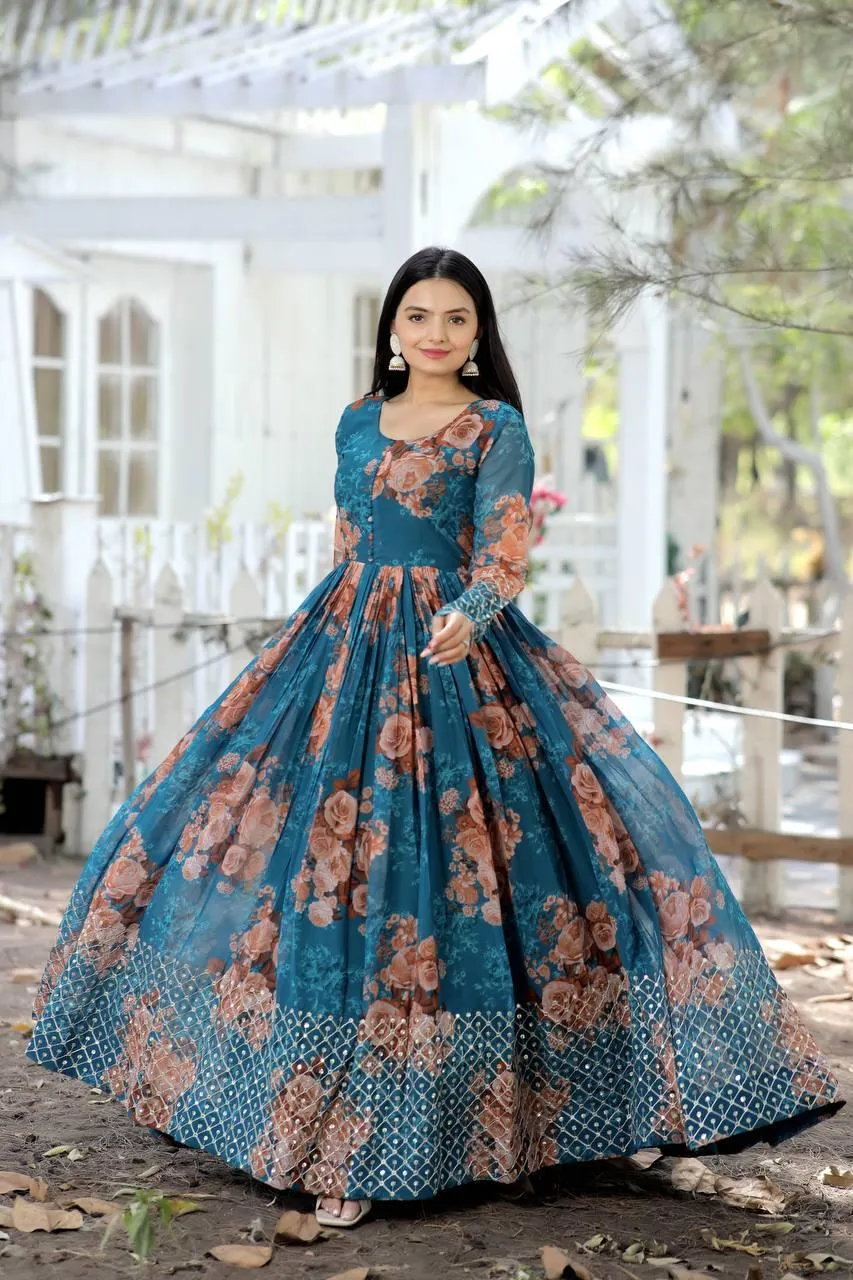 Beautiful Floral Zari Sequins Worked Gown With Dupatta