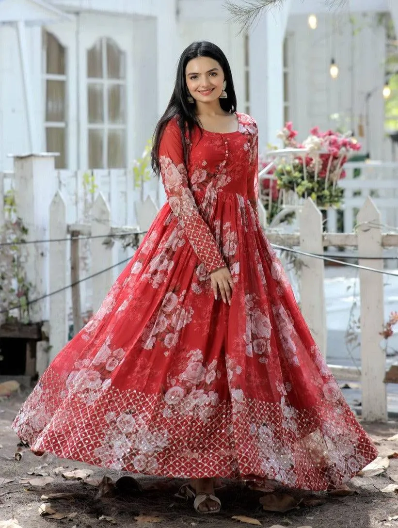 Beautiful Floral Zari Sequins Worked Gown With Dupatta