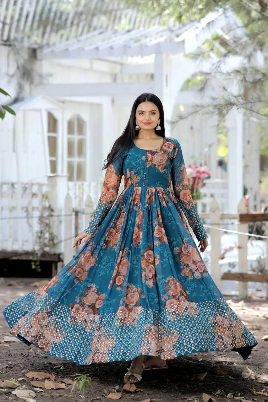 Beautiful Floral Zari Sequins Worked Gown With Dupatta