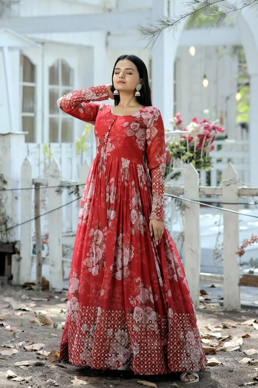 Beautiful Floral Zari Sequins Worked Gown With Dupatta