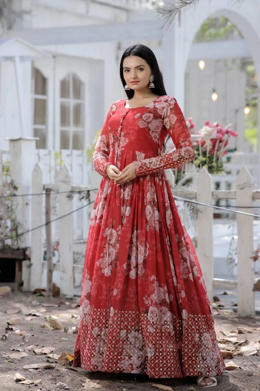 Beautiful Floral Zari Sequins Worked Gown With Dupatta