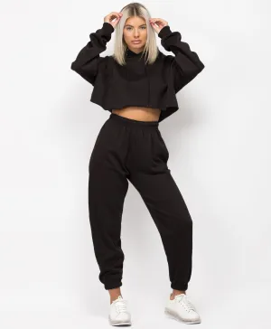 Black Oversized Cropped Hoodie & Joggers Loungewear Set