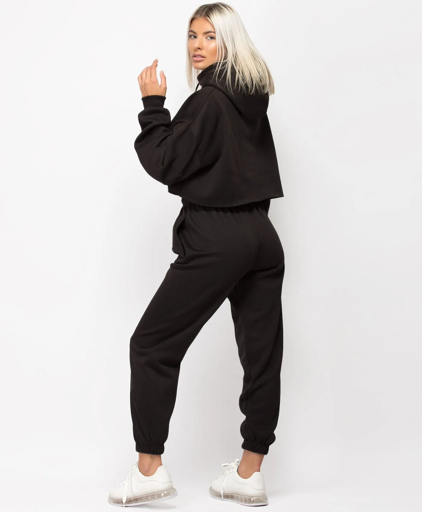 Black Oversized Cropped Hoodie & Joggers Loungewear Set