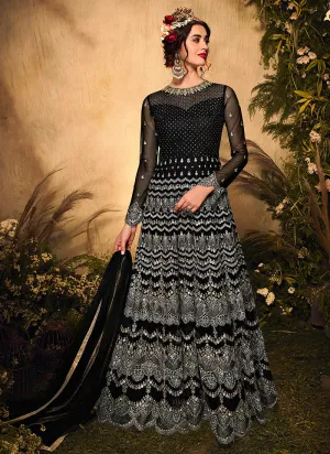 Black Silver Embroidered Designer Wedding Gown