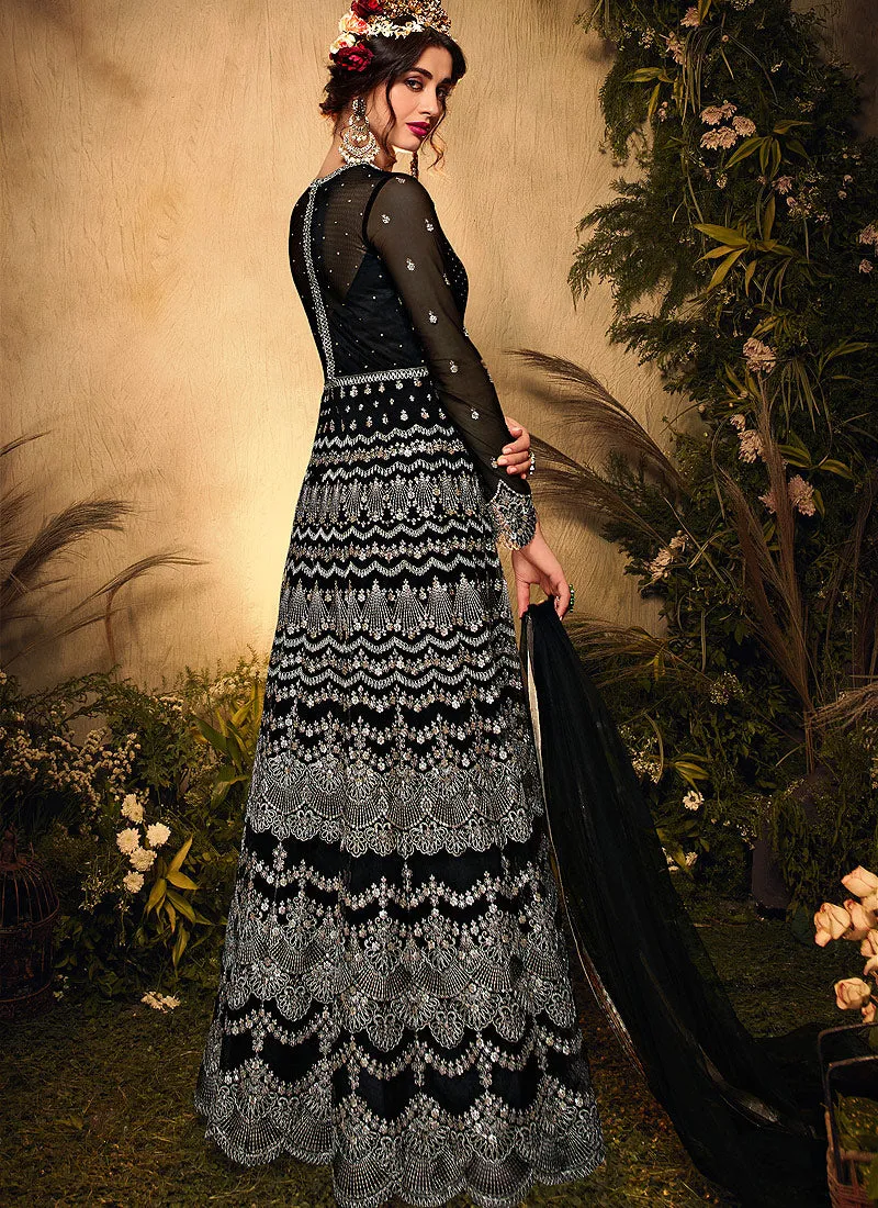 Black Silver Embroidered Designer Wedding Gown