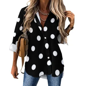 Black With White Polka Dots Long Sleeve Button Up Blouse