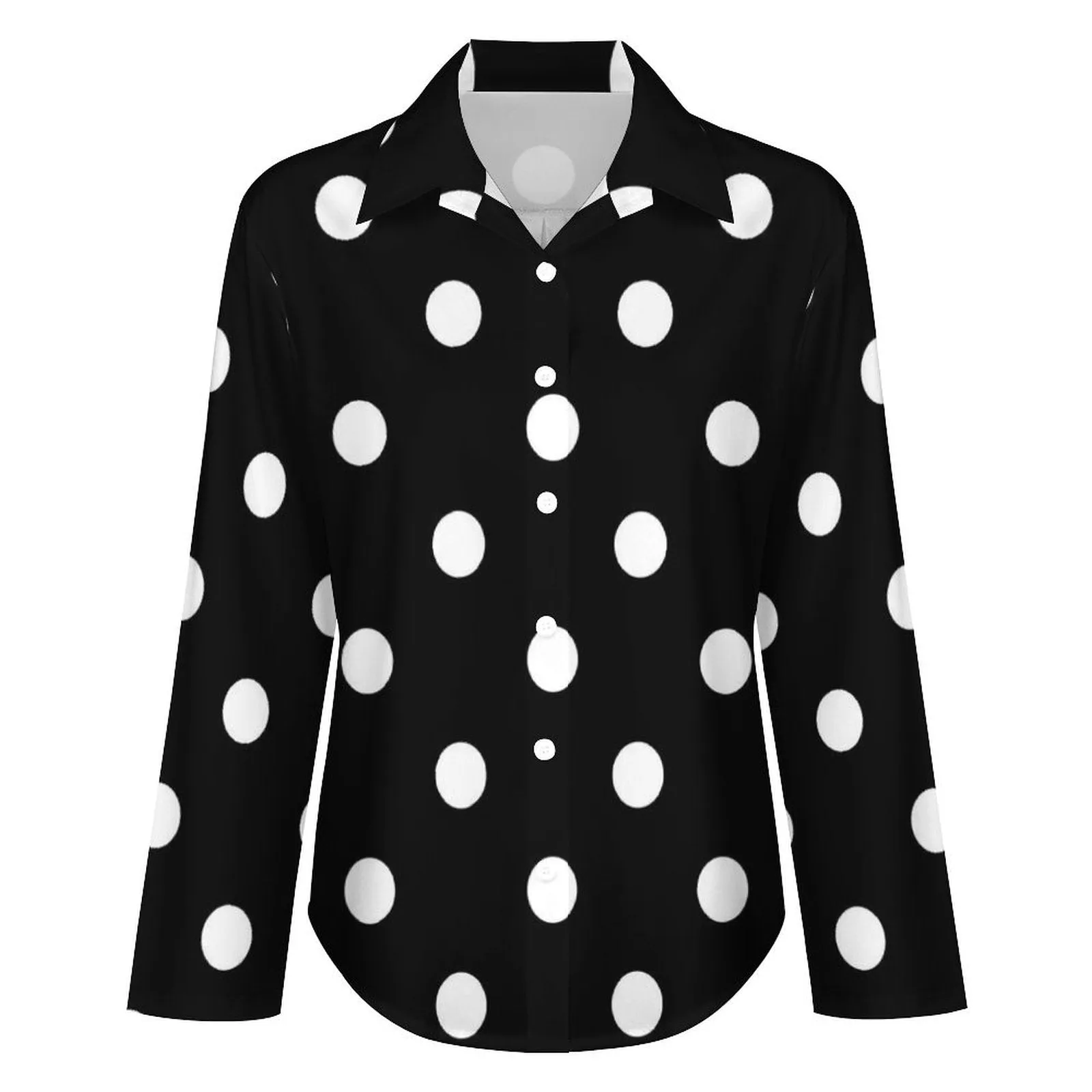 Black With White Polka Dots Long Sleeve Button Up Blouse