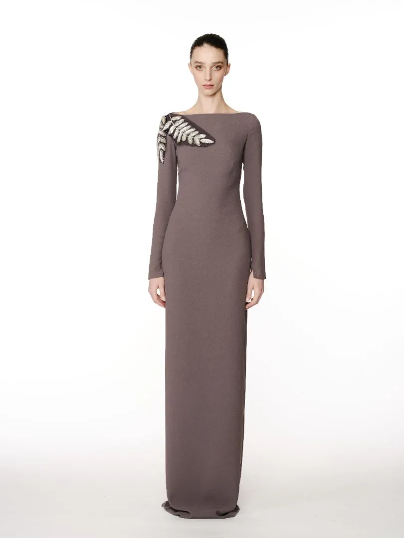 BOAT NECK LONG SLEEVE GOWN WITH LEAF APPLIQUE