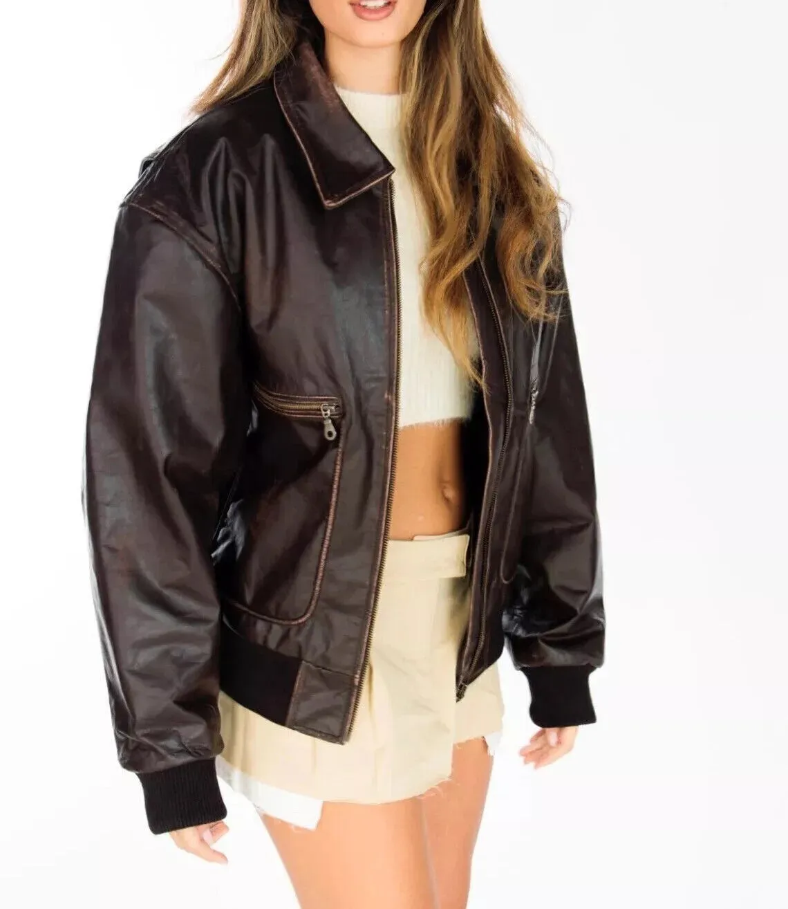 brown leather jacket women's oversized