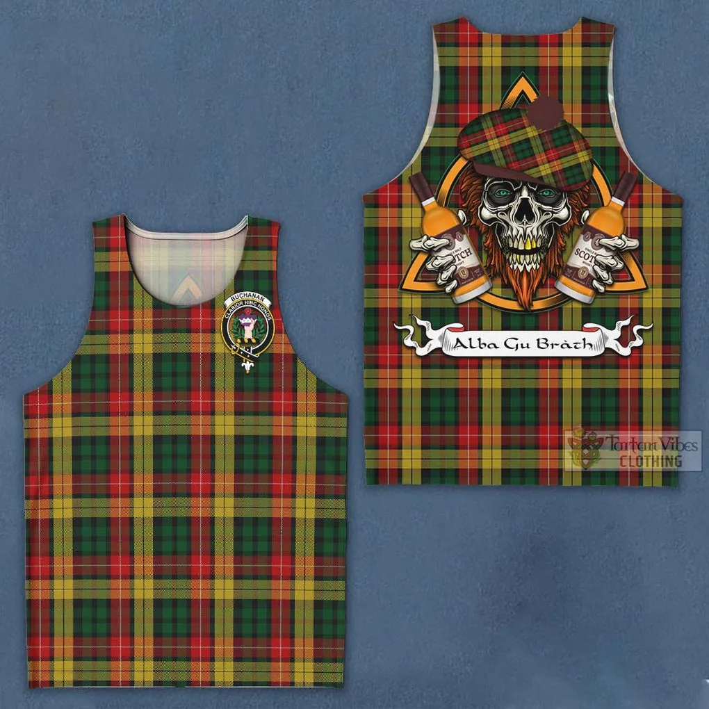 Buchanan Tartan Men's Tank Top with Family Crest and Bearded Skull Holding Bottles of Whiskey